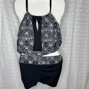 South Point Tankini Swimsuit Top & Bottom 2 Piece Set Black‎ White 24W NWT